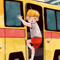 a kid riddidng a buss 