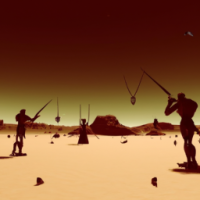 An futuristic scene of the desert, an men fighting with robotic army.